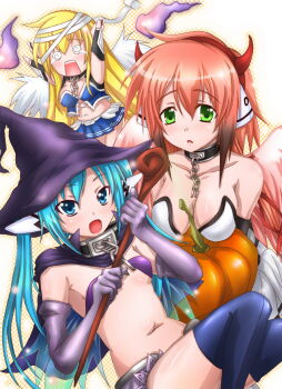 3girls @_@ angel_wings astraea_(sora_no_otoshimono) bad_id bad_pixiv_id blonde_hair blue_eyes blue_hair blue_skirt blue_thighhighs breasts chain chibi collar green_eyes gride halloween halloween_costume hat highres holding holding_pumpkin holding_staff ikaros large_breasts metal_collar multiple_girls navel nymph_(sora_no_otoshimono) open_mouth parted_lips petite pink_hair pumpkin revealing_clothes robot_ears skirt small_breasts sora_no_otoshimono staff stomach thighhighs white_skirt white_wings wings witch_hat wooden_staff