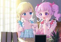 Rule 34 | 2girls, :d, ahoge, aozora himari, applying manicure, blonde hair, blue eyes, blue nails, blurry, blurry foreground, book, bow, bracelet, closed mouth, commentary request, hair bow, hand on own cheek, hand on own face, highres, himitsu no aipri, holding, holding brush, hoshikawa mitsuki, indoors, jewelry, long hair, looking at another, moukinui, multiple girls, nail polish, nail polish bottle, nail polish brush, open mouth, painting nails, pink hair, pretty series, purple eyes, smile, table, twintails, upper body