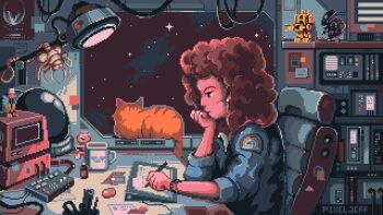 1girl alien_(1979) alien_(series) aliens_(1986) animated animated_gif artist_name big_hair blinking brown_eyes brown_hair cat commentary computer cup drinking_bird ellen_ripley english_commentary facehugger helmet highres jones_(alien) lamp lofi_girl_(youtube) long_hair looping_animation mecha movie_poster mug orange_cat parody pixel_art pixel_jeff robot science_fiction solo space_helmet star_(sky) unworn_headwear unworn_helmet xenomorph