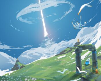 2others absurdres animal arch beacon character_request cloud cloudy_sky day dutch_angle highres hill meadow multiple_others outdoors scenery simple_bird sitting sky sky:_children_of_the_light sky_child stone_walkway toebeez wide_shot