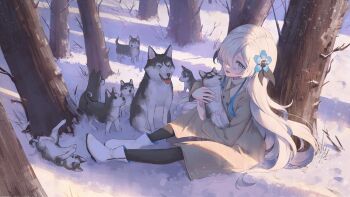 1girl absurdres anemone_(flower) baby_animal black_pantyhose boots buttons coat dog flower flower_ornament forest hair_flower hair_ornament hair_over_eyes highres husky isekaijoucho jesslapt kamitsubaki_studio long_hair multicolored_hair multiple_dogs nature pantyhose petite puppy sidelocks smile snow snowing tree virtual_youtuber white_hair winter yellow_coat