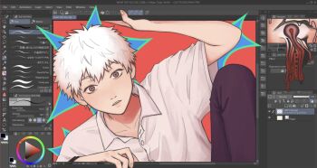 1boy art_program_in_frame black_pants body_horror clip_studio_paint collared_shirt gujidoka hair_between_eyes hand_up hashtag-only_commentary highres hikaru_ga_shinda_natsu indou_hikaru leg_up looking_at_viewer male_focus pants red_background red_eyes shirt short_hair solo spiked_hair through_medium through_screen upper_body watch white_hair white_shirt wristwatch