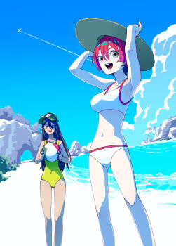 2girls amate_yuzuriha armpits arms_up ball beach beachball bikini black_hair blue_sky breasts cloud commentary_request dark-skinned_female dark_skin day eyewear_on_head gundam gundam_gquuuuuux hair_between_eyes hat highres holding holding_ball holding_beachball long_hair looking_at_viewer multiple_girls navel nyaan_(gundam_gquuuuuux) ocean one-piece_swimsuit open_mouth outdoors red_hair shiratoyama sky sunglasses swimsuit teeth white_bikini yellow_one-piece_swimsuit