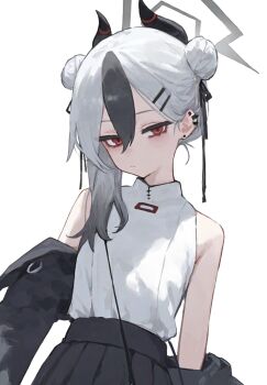 Rule 34 | 1girl, alternate costume, amenatsu, bag, black hair, black horns, black skirt, blue archive, closed mouth, demon horns, detached sleeves, double bun, ear piercing, earclip, grey halo, hair bun, halo, horns, kayoko (blue archive), looking at viewer, multicolored hair, piercing, red eyes, shirt, shoulder bag, simple background, skirt, sleeveless, sleeveless shirt, solo, two-tone hair, white hair