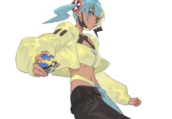 Rule 34 | 1girl, aqua hair, bandeau, belt, black belt, black mask, blonde hair, blue eyes, breasts, canari (pokemon), closed mouth, criss-cross straps, dark-skinned female, dark skin, highres, holding, holding poke ball, jacket, long sleeves, looking at viewer, mask, mask pull, mega stone, mouth mask, multicolored hair, navel, nintendo, pants, poke ball, pokemon, pokemon legends: z-a, psylduck, quick ball, short twintails, simple background, solo, split-color hair, sports bra, twintails, two-tone hair, two-tone mask, two-tone pants, white background, yellow bandeau, yellow jacket, yellow mask, yellow nails, yellow sports bra