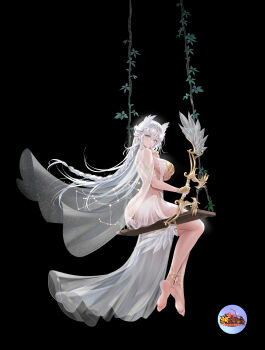absurdres bare_legs barefoot blue_eyes bow breasts character_request feather_hair_ornament feathers feet grey_hair hair_ornament highres houchi_shoujo jewelry long_hair looking_at_viewer looking_back maki_(user_fyjx4337) on_swing revealing_clothes sideboob soles swing swinging_on_swing veil white_hair