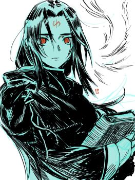 1boy book closed_mouth commentary elaine_murphy facial_mark fire_emblem fire_emblem:_path_of_radiance forehead_mark highres holding holding_book long_hair looking_at_viewer male_focus nintendo red_eyes solo soren_(fire_emblem) upper_body