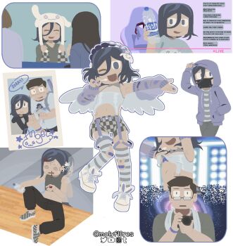 1boy 1girl @_@ angel_martinez angel_wings animal_hat armpits bandaid bandaid_on_arm bandaid_on_finger bandaid_on_hand bandaid_on_knee bandaid_on_leg bandaids_on_nipples blood bottle brown_hair camera chair chat_log checkered_clothes checkered_shirt checkered_shoes clinical_trial_(game) concert crop_top detached_sleeves gaming_chair hat headband hiding_face hood idol idol_clothes jacket lee_smith livestream looking_at_another malyfl0res mask microphone mirror navel nosebleed on_floor one_eye_closed otaku pasties photo_(object) pocari_sweat poloroid purple_hair purple_jacket rabbit_ears rabbit_hat see-through_clothes shirt signature signed stage_lights striped_clothes striped_thighhighs sweat swivel_chair taking_picture thighhighs towel towel_around_neck v-neck wardrobe_malfunction water_bottle wings wink wristband