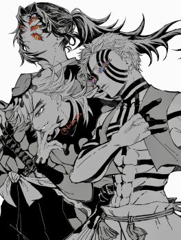3boys abs absurdres akaza_(kimetsu_no_yaiba) blue_sclera bubu_072 colored_sclera douma_(kimetsu_no_yaiba) extra_eyes facial_tattoo grin hakama hand_up highres japanese_clothes katana kimetsu_no_yaiba kimono kokushibou long_hair male_focus multiple_boys parted_lips print_kimono red_sclera revision short_hair simple_background smile spiked_hair sword tattoo teeth toned toned_male veins veiny_hands vest weapon white_background yellow_eyes
