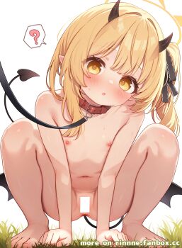 1girl ? all_fours animal_collar anus bar_censor barefoot black_horns black_tail black_wings blonde_hair blue_archive blush breasts censored collar commentary_request completely_nude demon_girl demon_horns demon_tail demon_wings flat_chest halo highres horns ibuki_(blue_archive) kohaku_rinne leash loli long_hair looking_at_viewer low_wings navel nipples nude open_mouth pet_play pointy_ears pussy red_collar ribbon side_ponytail small_breasts solo spoken_question_mark spread_legs squatting sweat tail toes variant_set wings yellow_eyes yellow_halo