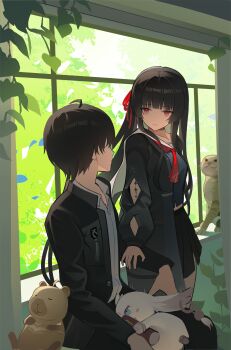 1boy 1girl abby_(wuthering_waves) absurdres alternate_costume arm_cutout black_hair black_jacket black_serafuku black_shirt black_skirt breasts chisa_(wuthering_waves) closed_mouth clothing_cutout commentary hair_ribbon highres jacket long_hair looking_at_another male_rover_(wuthering_waves) medium_breasts mole mole_under_eye namipon_(wuthering_waves) neckerchief red_eyes red_neckerchief red_ribbon ribbon rover_(wuthering_waves) school_uniform serafuku shirt sitting skirt smile tacet_mark_(wuthering_waves) wuthering_waves xgbghost