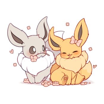 absurdres alternate_color animal_focus blush bow brown_fur closed_eyes closed_mouth commentary ear_bow eevee english_commentary flower flower_in_mouth gen_1_pokemon grey_fur highres nintendo no_humans open_mouth petals pink_bow pokemon pokemon_(creature) pokemon_focus sevi_(seviyummy) shiny_and_normal shiny_pokemon smile