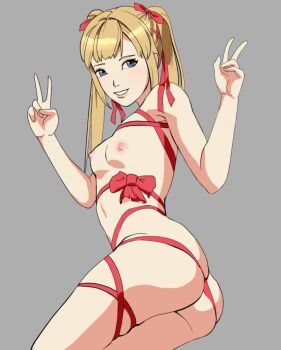 1girl ass blonde_hair blue_eyes bow breasts butt_crack dead_or_alive gluteal_fold looking_at_viewer looking_back lying marie_rose nipples nude on_side ribbon simple_background skindentation small_breasts solo sunbeam_(artist) twintails v victory_pose