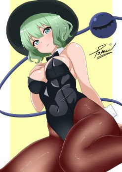 1girl absurdres animal_ear_hairband animal_ears black_bow black_bowtie black_hat black_leotard bow bowtie brown_pantyhose commentary_request detached_collar fake_animal_ears green_eyes green_hair hairband hat highleg highleg_leotard highres komeiji_koishi leotard pamu_art pantyhose short_hair signature sitting solo strapless strapless_leotard third_eye touhou wariza wrist_cuffs