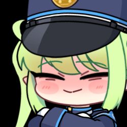 Rule 34 | 1girl, :&gt;, :d, acomu414, animated, animated gif, armband, bad source, black hat, black jacket, blue archive, blue armband, blush stickers, commentary, crossed arms, english commentary, fang, gloves, green hair, hat, heart, heart-shaped pupils, jacket, licking lips, long hair, long sleeves, lowres, naughty face, nozomi (blue archive), open mouth, peaked cap, pointy ears, shaded face, skin fang, smile, symbol-shaped pupils, tongue, tongue out, train conductor, transparent background, twintails, upper body, white gloves, yellow eyes
