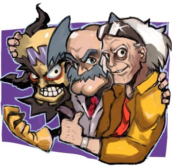 3boys back_to_the_future bald beard black_eyes black_hair blue_eyes christopher_lloyd colored_skin crash_bandicoot_(series) crossover dakusuta doc_brown dr._wily_(mega_man) elbow_gloves emmett_brown facial_hair gloves goggles goggles_on_head grey_hair hand_on_another&#039;s_head hand_on_another&#039;s_shoulder highres jacket lab_coat looking_at_viewer male_focus mega_man_(classic) mega_man_(series) multiple_boys multiple_crossover mustache neo_cortex old old_man red_shirt scientist shirt smile thick_eyebrows thumbs_up trait_connection universal_studios white_hair wrinkled_skin yellow_gloves yellow_jacket yellow_skin