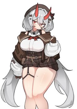 1girl arm_up bare_shoulders belt beret blush bored bow breasts brown_belt brown_cape brown_gloves brown_skirt cape closed_mouth double-parted_bangs fingerless_gloves gloves grey_hair hair_between_eyes hair_intakes hair_ornament hair_ribbon hat head_tilt high-waist_skirt highres horns jacket kim_aendeo large_breasts long_hair long_sleeves looking_at_viewer miniskirt oni open_clothes original plaid_clothes plaid_skirt pleated_skirt puffy_long_sleeves puffy_sleeves red_bow red_eyes red_horns ribbon shirt sidelocks simple_background skindentation skirt sleeveless sleeveless_shirt sleeves_past_wrists solo striped_cape sweat thick_thighs thigh_strap thighs upper_body very_long_hair white_background white_jacket white_shirt