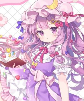 1girl beads book bow candy crescent_moon dress food frilled_dress frills hair_ornament hat long_hair marshmallow mimi_(mimi_puru) mob_cap moon open_book pastel_colors patchouli_knowledge puffy_sleeves purple_dress purple_eyes purple_hair ribbon shirt solo star_(symbol) star_hair_ornament touhou wavy_hair white_shirt
