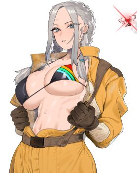 1girl arc_raiders beijuu bikini blue_eyes breasts brown_gloves chinese_commentary commentary_request drone gloves grey_hair highres large_breasts long_hair looking_at_viewer non-humanoid_robot robot simple_background solo string_bikini sweat swimsuit white_background
