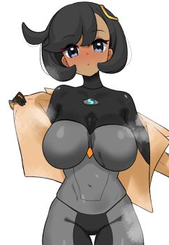 1girl absurdres black_bodysuit black_gloves black_hair blush bodysuit bodysuit_under_clothes breasts brown_jacket covered_navel dark-skinned_female dark_skin emma_(pokemon) gloves hair_ornament highres jacket large_breasts long_sleeves looking_at_viewer mega_stone nintendo off_shoulder okome_(pixiv108949149) pokemon pokemon_legends:_z-a purple_eyes short_hair solo swept_bangs thighs