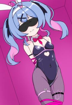 1girl absurdres arms_behind_back bdsm blindfold blue_eyes blue_hair blush bondage bound hair_ornament hatsune_miku highres looking_at_viewer mauschan playboy_bunny rabbit_hole_(vocaloid) ribbon self-upload short_twintails smile solo teeth twintails variant_set vocaloid