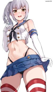 1girl black_neckerchief black_panties blue_sailor_collar blue_skirt blush breasts brown_eyes cosplay cowboy_shot crop_top elbow_gloves gloves grey_hair hair_ribbon hairband highleg highleg_panties highres kantai_collection kasumi_(kancolle) long_hair microskirt navel neckerchief open_mouth panties ribbon sailor_collar shimakaze_(kancolle) shimakaze_(kancolle)_(cosplay) shirt side_ponytail skirt sleeveless solo striped_clothes striped_thighhighs thighhighs thong underwear white_background white_gloves yamabiko1358
