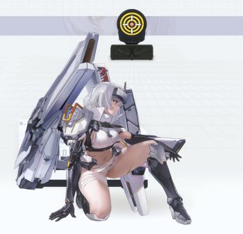 1girl armor armored_boots black_gloves boots closed_mouth commentary english_commentary gloves goddess_of_victory:_nikke high_collar highres jacket long_hair looking_at_viewer ludaf mechanical_arms missile navel official_alternate_costume official_art scar shirt shoulder_armor snow snow_white_(heavy_arms)_(nikke) snow_white_(nikke) solo squatting torn_clothes torn_jacket white_hair white_jacket white_shirt yellow_eyes