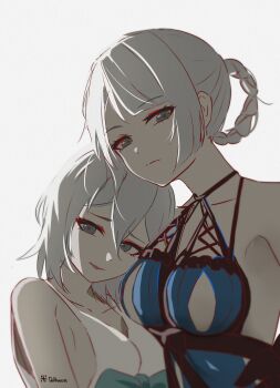 2girls absurdres artist_name bare_shoulders blue_negligee braid braided_hair_rings breasts closed_mouth datharuss dress grey_eyes grey_hair hair_between_eyes hair_rings hashtag-only_commentary highres kaine_(nier) lingerie looking_at_viewer medium_breasts medium_hair multiple_girls negligee nier_(series) parted_lips sketch sleeveless sleeveless_dress underwear upper_body white_background white_dress yonah