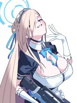 1girl asuna_(blue_archive) black_choker blue_archive blue_bow blue_bowtie blue_halo blue_ribbon bow bowtie breasts choker cleavage commentary_request dadada_(hukutsu_bot_) gloves hair_over_one_eye halo highres large_breasts long_hair looking_at_viewer maid maid_headdress ribbon smile solo weapon white_background white_gloves