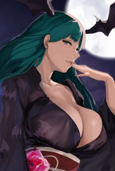 1girl bat_wings black_kimono breasts capcom cleavage collarbone demon_girl green_eyes green_hair head_wings j@ck japanese_clothes kimono large_breasts long_hair long_sleeves looking_at_viewer morrigan_aensland sash smile solo darkstalkers wide_sleeves wings