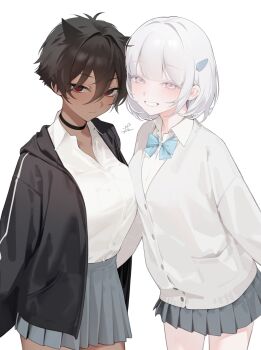 2girls albino animal_ears black_eyes black_hair black_jacket bow breast_press breasts cardigan choker dark-skinned_female dark_skin fake_animal_ears fish_hair_ornament hair_between_eyes hair_ornament highres jacket large_breasts looking_at_viewer medium_breasts micchan_(ohisashiburi) multiple_girls nacchan_(ohisashiburi) ohisashiburi original pale_skin partially_unbuttoned pink_eyes pleated_skirt school_uniform short_hair signature skirt smile white_background white_hair