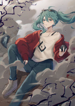 1girl absurdres apple aqua_eyes aqua_hair awai_uta black_apple black_lightning blue_eyes blue_hair brick_wall collarbone denim dust_cloud earrings eyewear_on_head food fruit hair_between_eyes hatsune_miku highres holding holding_food holding_fruit jacket jeans jewelry light_particles long_hair long_sleeves looking_at_viewer necklace off_shoulder on_wall open_clothes open_jacket pants parted_lips print_shirt red_jacket shirt shoes sitting sleeves_past_wrists sneakers solo suna_no_wakusei_(vocaloid) sunglasses twintails undershirt vocaloid white_shirt white_shoes