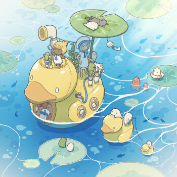 1girl absurdres bird black_cat cactus card cat dress duck duck_hat fish fishing_rod food food_art food_in_mouth frog hat highres holding holding_fishing_rod holding_food holding_popsicle hose house_of_cards innertube ocean original plant playing_card popsicle popsicle_in_mouth potted_plant sailor_dress sailor_hat squid striped_innertube submarine swim_ring tako-san_wiener tti_design watercraft