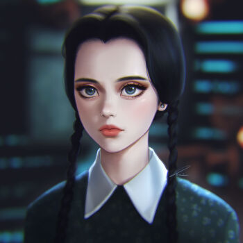 1girl the_addams_family black_hair blue_eyes blurry blurry_background braid collared_shirt earrings highres jewelry long_hair looking_at_viewer portrait red_lips shirt solo twin_braids umigraphics wednesday_(netflix) wednesday_addams