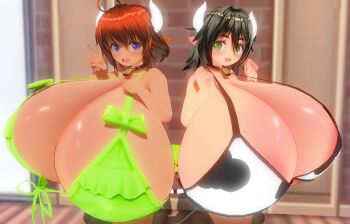 3d animal_ears animal_print bell black_hair blush boob_majin bra breasts choker cleavage collar cow_ears cow_girl cow_horns cow_print dark_skin gigantic_breasts green_eyes guinea highres horns ishuzoku_reviewers milky_(ishuzoku_reviewers) minotaur monster_girl neck_bell underwear