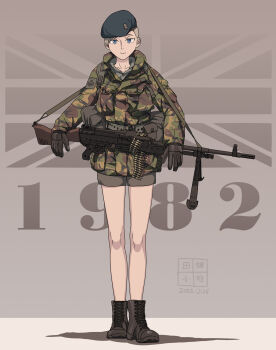 1982 1girl ammunition_belt beret bipod blonde_hair blue_eyes boots british_army brown_boots brown_gloves brown_shirt brown_shorts camouflage camouflage_jacket closed_mouth collarbone combat_boots commentary crown dated english_commentary etmc1992 falklands_war fn_mag full_body gloves grey_background gun gun_sling hat highres hood hooded_jacket jacket load_bearing_equipment long_sleeves machine_gun military_combat_uniform military_rank_insignia military_uniform original patch shadow shirt short_hair short_shorts shorts signature simple_background solo standing thighs union_jack united_kingdom weapon zipper