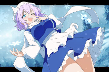 Rule 34 | 1girl, apron, blue eyes, blue skirt, blue vest, breasts, cato (monocatienus), commentary request, frilled skirt, frills, hat, highres, lapel pin, letty whiterock, long sleeves, one eye closed, open mouth, outdoors, purple hair, scarf, skirt, smile, snow, snowflakes, solo, touhou, vest, waist apron, white apron, white scarf, winter