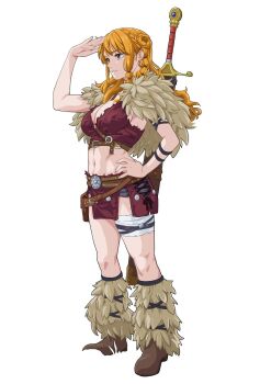 1girl arm_strap bandaged_leg bandages belt belt_buckle boots braid braided_sidelock breasts brown_boots brown_eyes brown_loincloth brown_skirt buckle burugozu capelet cleavage closed_mouth commentary crop_top earrings english_commentary full_body fur-trimmed_capelet fur_trim hand_on_own_hip hand_up highres jewelry knees leg_warmers loincloth long_hair medium_breasts midriff nami_(one_piece) navel official_alternate_costume official_alternate_hairstyle one_piece orange_hair parted_lips single_sidelock skirt solo standing sword sword_on_back thigh_strap wavy_hair weapon weapon_on_back white_background