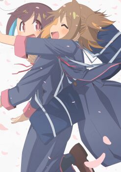 Rule 34 | 2girls, :d, ^ ^, absurdres, artist name, bag, bambi2000line, black jacket, black skirt, blue hair, blush, brown hair, closed eyes, commentary, falling petals, fang, glomp, highres, hozuki momiji, hug, hug from behind, jacket, long sleeves, multicolored hair, multiple girls, neck ribbon, oka asahi, onii-chan wa oshimai!, open clothes, open jacket, open mouth, orange hair, petals, red eyes, red ribbon, ribbon, school bag, school uniform, short hair, simple background, skirt, smile, suspender skirt, suspenders, two-tone hair, two side up, white background