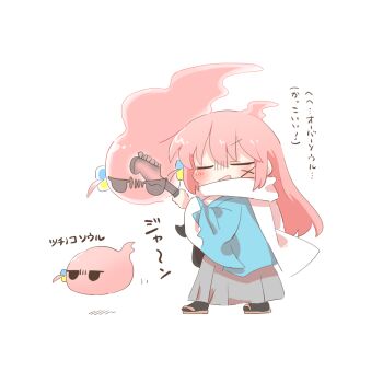 1girl alternate_costume black_socks blue_haori blush bocchi_the_rock! chibi chibi_only closed_eyes commentary_request electric_guitar facial_mark full_body ghost gotoh_hitori grey_skirt guitar haori holding holding_guitar holding_instrument instrument japanese_clothes long_skirt music open_mouth pink_hair playing_instrument rebecca_(keinelove) sandals shaman skirt socks standing translation_request x_(symbol) x_facial_mark