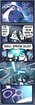 1girl 5koma aris_(blue_archive) black_hair blue_archive blue_eyes blue_necktie bulging_eyes censored clothes_grab comic enel_face_(meme) glowing highres holding holding_sword holding_weapon censored_identity jazz_jack korean_text long_bangs long_hair long_tongue mazinger_(series) mazinkaiser mazinkaiser_(robot) necktie necktie_grab neckwear_grab parody perorodzilla_(blue_archive) sword tongue tongue_out translation_request very_long_tongue weapon