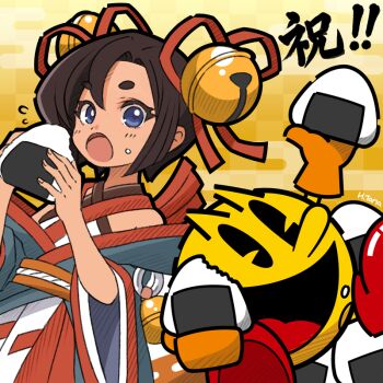 Rule 34 | 1boy, 1girl, artist name, asymmetrical bangs, bare shoulders, bell, black eyes, black mouth, black outline, blue eyes, blue kimono, blunt sidelocks, blush, boots, checkered background, clothes down, commentary request, company connection, criss-cross halter, crossover, dot nose, dress, egasumi, english text, fingernails, food, food on face, hair bell, hair intakes, hair ornament, hair ribbon, hakama, hakama skirt, halter dress, halterneck, hatching (texture), japanese clothes, jingle bell, kimono, linear hatching, long nose, long sleeves, looking at viewer, mittens, o-ring, obi, obijime, official art, onigiri, open mouth, orange mittens, orange sash, outline, pac-man, pac-man (game), pac-man eyes, red boots, red hakama, red ribbon, ribbon, rice, rice on face, sash, second-party source, short eyebrows, short hair, sidelocks, skirt, sleeveless, sleeveless dress, sweatdrop, tanaami hideki, thick eyebrows, thick outlines, tongue, towa (towa and the guardians of the sacred tree), towa and the guardians of the sacred tree, translation request, wide sleeves, yellow background