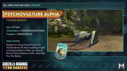 3d animated audible_music bone character_name character_profile cliff concept_art cross_promotion crossover day english_text forest godzilla_(series) godzilla_x_kong:_the_new_empire godzilla_x_kong:_titan_chasers highres hunted_cow_studios kaiju king_kong_(series) kong:_skull_island legendary_pictures monster monsterverse nature no_humans official_art outdoors plant promotional_art psychovulture psychovulture_alpha sharp_teeth skull sound tail teeth tie-in tilting_point_llc tongue tree video video_game wings