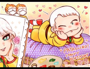 3boys ;3 asymmetrical_bangs belt blue_eyes blush bright_pupils brown_belt canvas_(object) character_name collared_shirt commentary_request cushion dated deformed english_text eyelashes fewer_digits flower glasses green_necktie hair_slicked_back happy_birthday heart jacket letterboxed long_sleeves loving_aura lying male_focus multicolored_shoes multiple_boys multiple_views necktie on_cushion on_stomach one_eye_closed opaque_glasses orange_hair outline paint paint_palette painting_(object) pants parted_lips patalliro! patalliro_du_malyner_viii pink_flower pink_rose raised_inner_eyebrows red_shirt red_shoes rose shirt shoes short_hair sparkle tamanegi_(patalliro!) tassel twitter_username two-tone_shoes very_short_hair white_hair white_outline white_pupils white_shoes yamada_marie yellow_background yellow_jacket yellow_pants