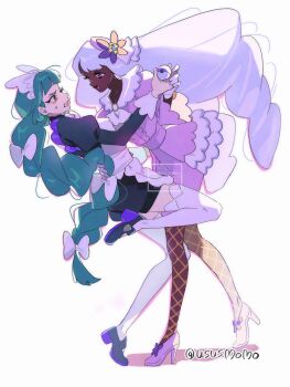 2girls apron arm_around_back assertive_female black_dress black_shoes blue_shoes blunt_bangs bow bowtie braid brooch clenched_teeth commentary_request dress fishnet_leggings flower from_side gloves green_hair hair_bow hair_flower hair_ornament high_heels highres holding holding_poke_ball jacinthe_(pokemon) jewelry juliet_sleeves layered_dress leaning_back leaning_forward lebanne_(pokemon) leg_up long_hair long_sleeves maid_apron multicolored_shoes multiple_girls nintendo open_mouth poke_ball pokemon pokemon_legends:_z-a puffy_sleeves purple_dress purple_eyes purple_shoes shoes sidelighting simple_background smile struggling sweatdrop swept_bangs teeth thighhighs tiptoes twitter_username two-tone_shoes ususmomo v-shaped_eyebrows very_long_hair watermark white_apron white_background white_bow white_bowtie white_gloves white_hair white_thighhighs wide_sleeves yellow_eyes zettai_ryouiki