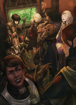 Rule 34 | 6+girls, adepta sororitas, beer bottle, cassia orsellio, colored skin, dark skin, eldar, idira tlass, jae heydari, karaoke, krusekis, multiple girls, rogue trader von valancius, skull ornament, warhammer 40k, warhammer 40k: rogue trader, white skin, yrliet lanaevyss