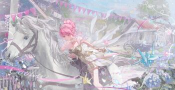 1girl absurdres armor bare_shoulders blue_flower blue_sky bracer breastplate closed_mouth collar commission detached_collar dress feet_out_of_frame fence floating_clothes flower full_body garden garland_(decoration) hair_bun high_collar highres horse horseback_riding infinity_nikki jintiandeqizuizuogerenlema lace_collar light_particles looking_at_viewer melody_bloom_(infinity_nikki) nikki_(nikki) nikki_(series) off-shoulder_dress off_shoulder origami paper_crane parted_lips path pink_eyes pink_hair pleated_dress riding road sample_watermark scenery short_dress short_hair short_sleeves single_hair_bun sky solo tiara tree updo watermark white_collar white_dress