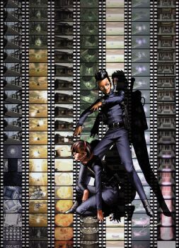 Rule 34 | 1boy, 1girl, absurdres, artist name, belt, belt pouch, black belt, black bodysuit, black hair, bodysuit, brown hair, devil summoner (game), devil summoner (series), film strip, gump (devil summoner), hairband, highres, kazuma kaneko, kuzunoha kyouji, official art, on one knee, pouch, rei reiho, shin megami tensei: devil summoner, shin megami tensei: devil summoner digital collection, signature, smile, sword, third-party source, watch, weapon, wristwatch