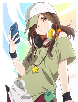 1girl absurdres baseball_cap brown_eyes brown_hair dated gaen_izuko green_shirt hair_over_one_eye hat headphones headphones_around_neck highres holding holding_phone jewelry long_hair looking_at_viewer manimani_(mani_ma) monogatari_(series) necklace phone phone_in_pocket shirt short_sleeves signature smile solo star_(symbol)