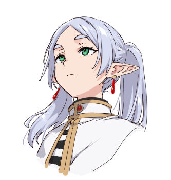 1girl capelet earrings elf frieren green_eyes grey_hair highres jewelry long_hair meme parted_bangs pointy_ears shirt solo sousou_no_frieren striped_clothes striped_shirt try_(lsc) twintails upward_angle_frieren_drawing_(meme) white_capelet